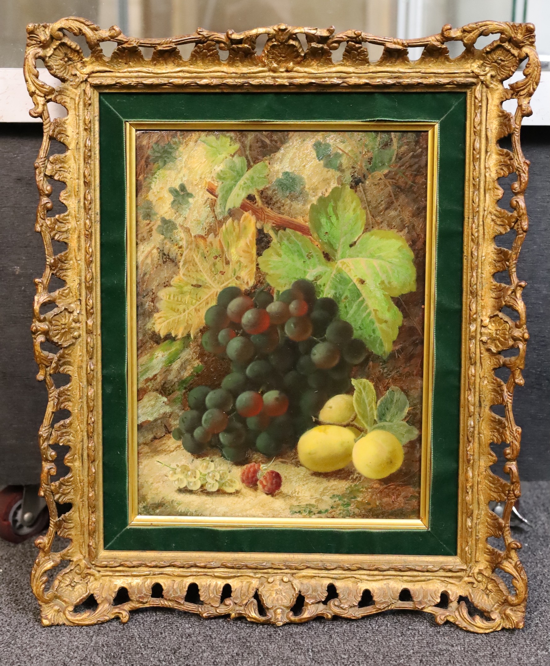 Oliver Clare (British, 1853-1927), Still life of grapes, white currants, raspberries and plums, oil on canvas, 30 x 22cm